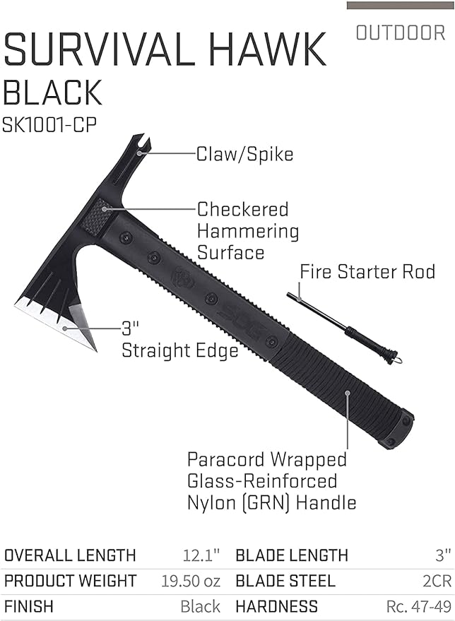Survival Hawk - Specialty Outdoor Tactical Hatchet, Fire Starter, Nail Puller, Hammer, Multi-Purpose Blade with Reflective Paracord Wrapped Handle (SK1001-CP),Black