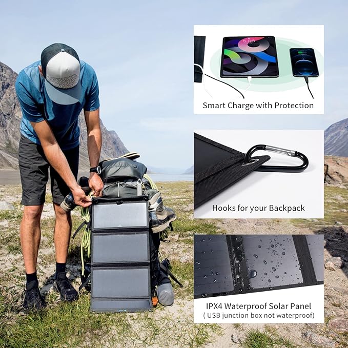 3 USB Ports 28W Solar Charger(5V/4.8A Max), Portable SunPower Solar Panel for Camping, IPX4 Waterproof, Compatible with iPhone 11/XS/XS Max/XR/X/8/7, iPad, Samsung Galaxy LG etc.
