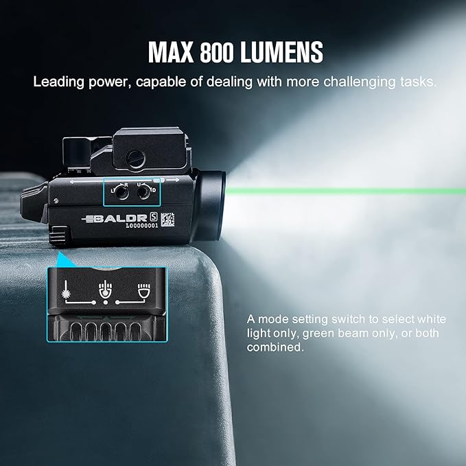 Baldr S 800 Lumens Compact Rail Mount Weaponlight with Green Beam and White LED Combo, Magnetic USB Rechargeable Tactical Flashlight with 1913 or GL Rail, Battery Included (Black)